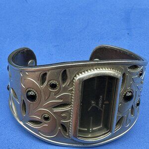 Vintage Fossil Womens Watch Wide Stainless Steel Cuff Leather Band 90’s Bracelet